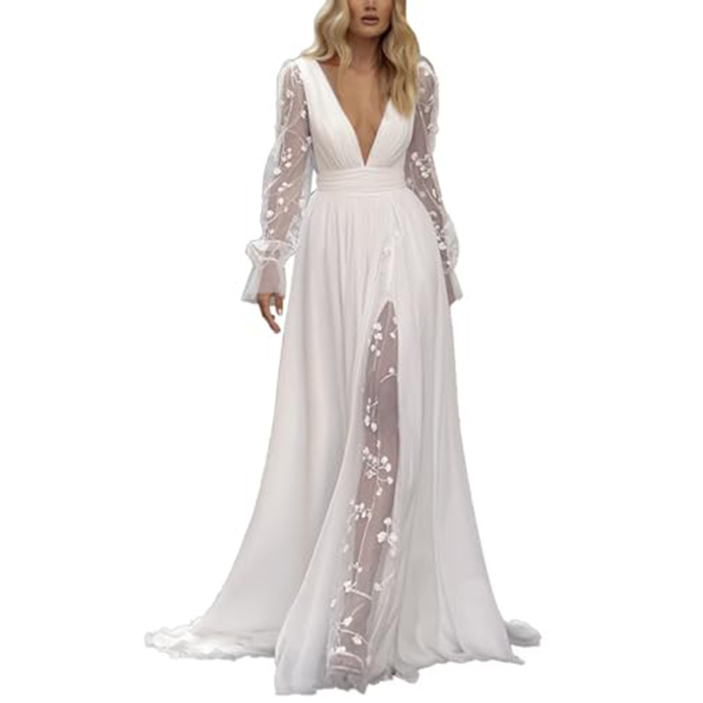 Foreign trade wedding dress source: European and American Wish AliExpress women's dresses, deep V-neck long sleeved wedding dresses, and long skirts. One piece dropshipping service