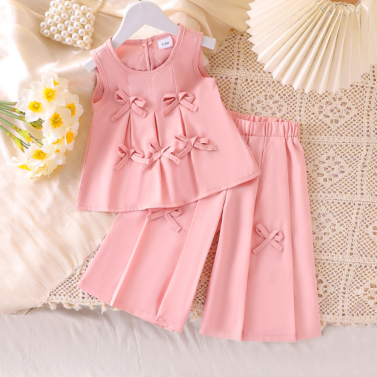 2025 Summer New Girl Baby Casual Bow Pink Sleeveless Top with Solid Color Pants Two Piece Set