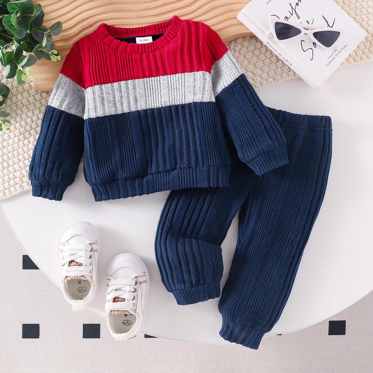 Cross border European and American boys' casual autumn and winter color blocked long sleeved shirt+pants set