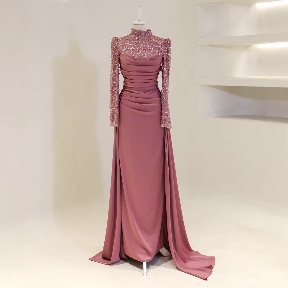 Factory direct sales stand collar full sleeved detachable two-piece evening gown with dignified and elegant temperament, satin dress