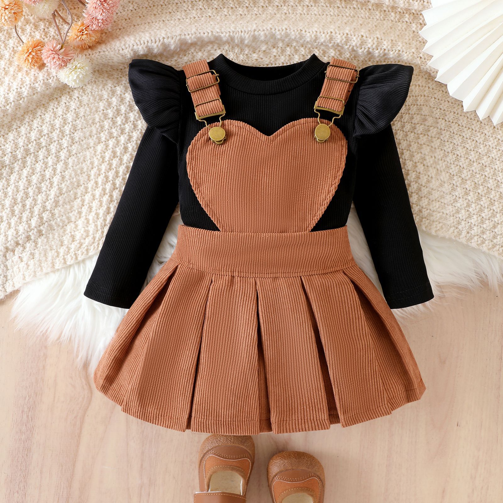 Foreign trade European and American children's clothing girl casual cute style long sleeved solid color top+coffee colored shoulder strap skirt set