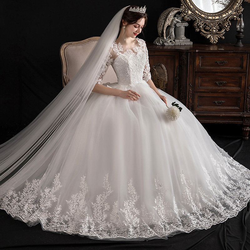 Main Wedding Dress 2025 Spring New One Shoulder Dreamy Slimming Mid Sleeve Lace Bridal Quidditch Large Size Wedding Dress