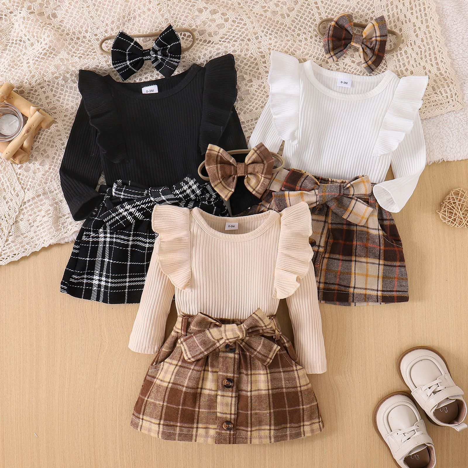 European and American children's casual set for girls, long sleeved shirt with checkered skirt, two-piece set