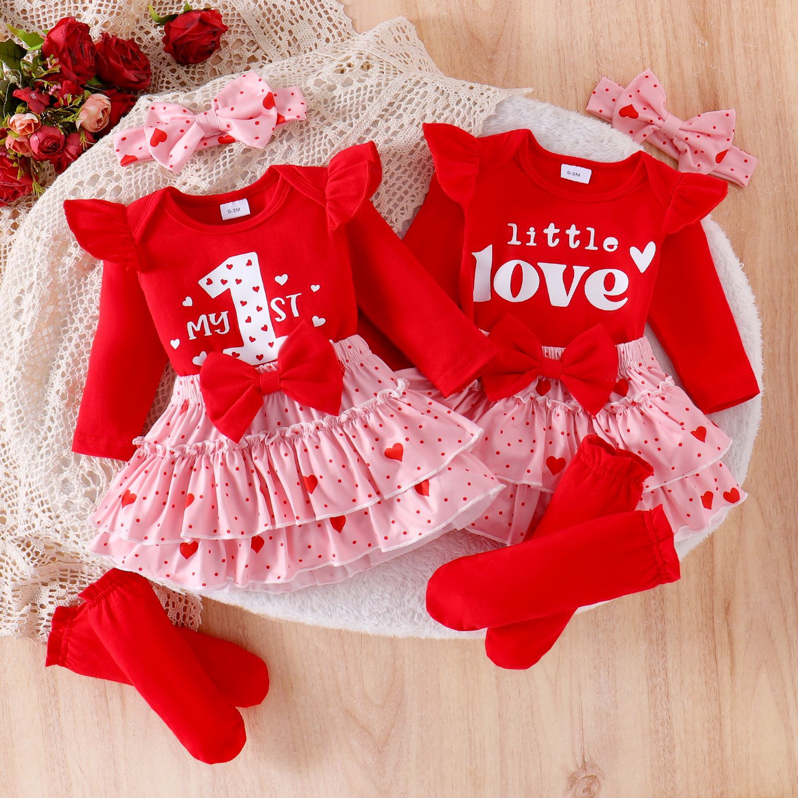 European and American Girl Baby Cute Letter Printed Long sleeved Ha Yi Love Bow Short Skirt Head Estimation Set