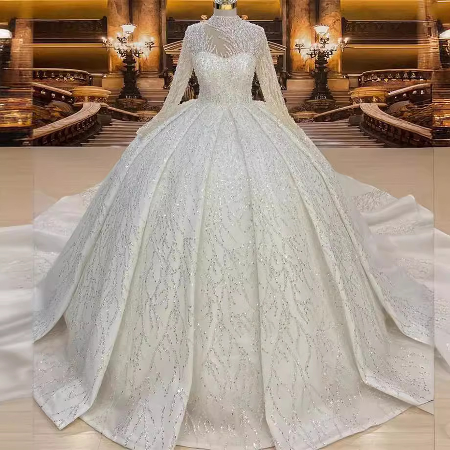 New Wedding Dress Heavy Industry Embroidered Bead Lace Elegant Long Sleeve Pong Princess Skirt Tail Wedding Dress Stand Collar Long Sleeve Wedding Dress