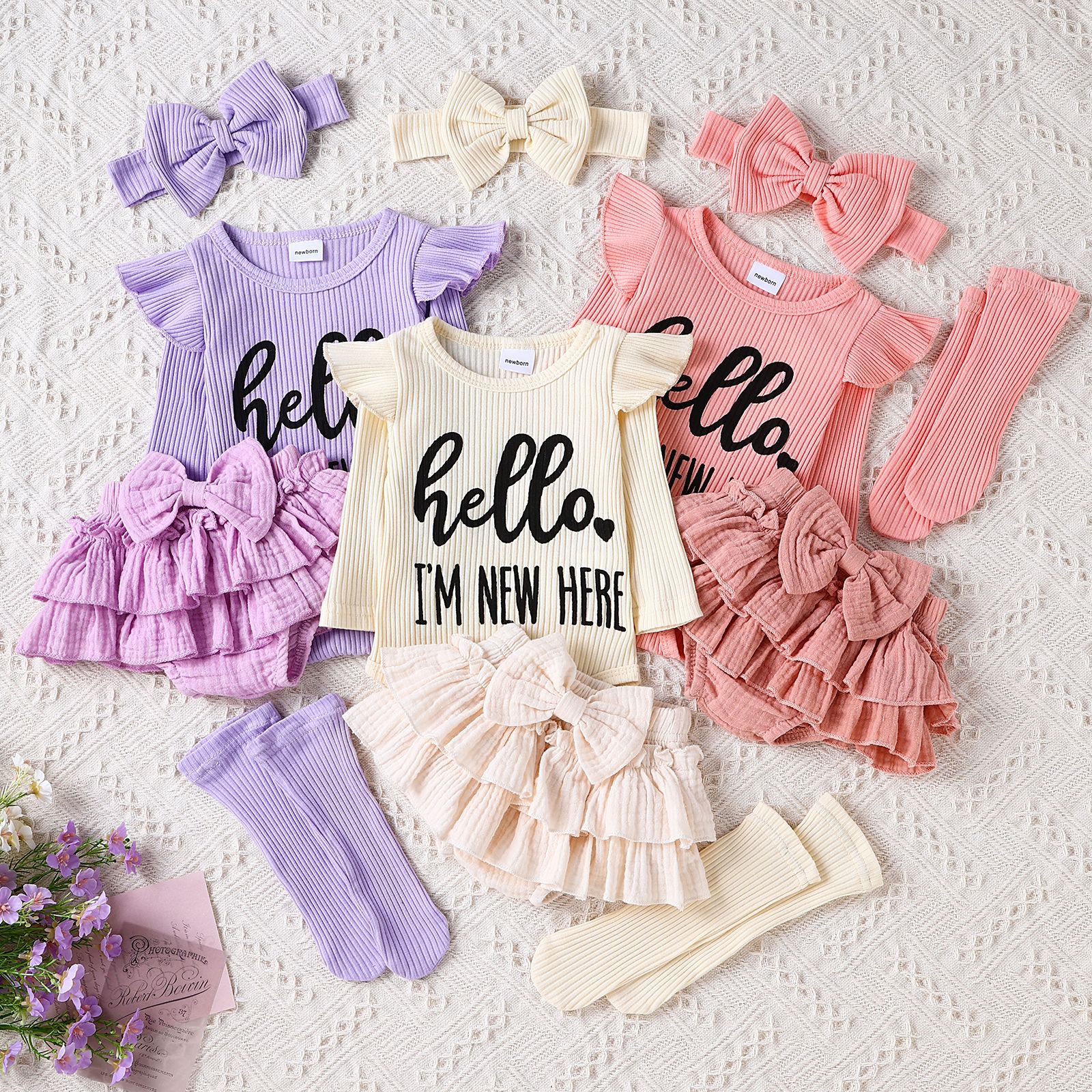 Amazon Europe and America Cross border Infant and Child Flying Sleeve Letter Printed Bag Butt Top Ha Pants Sock Head Estimation Set