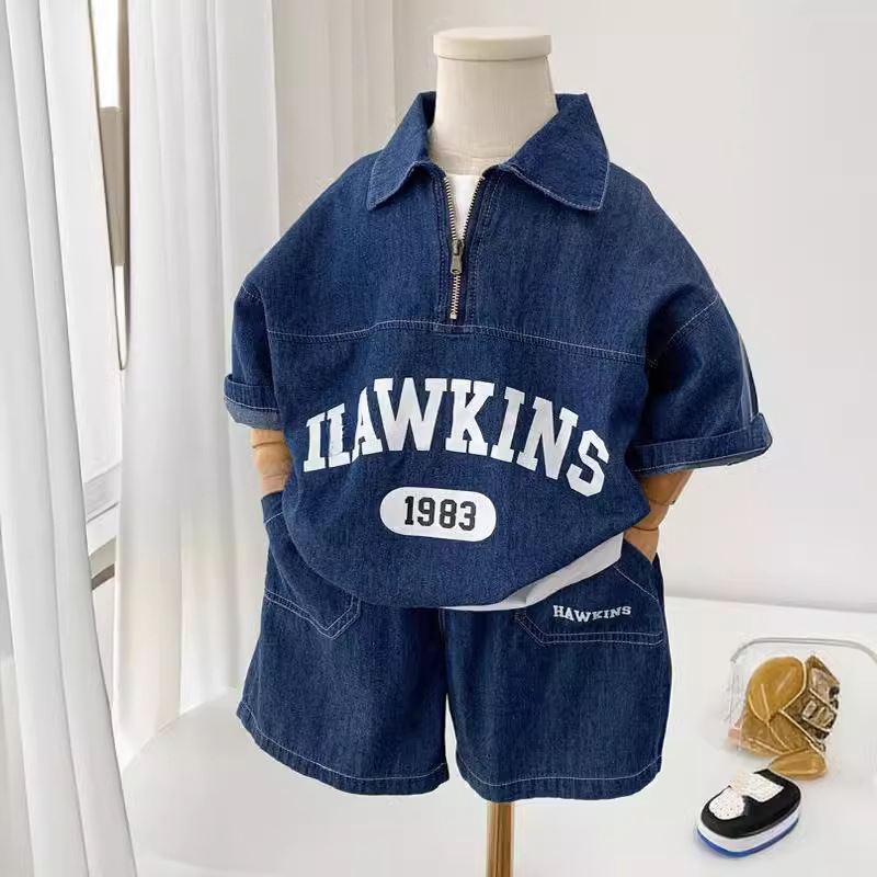 Boys' set, summer internet famous denim short sleeved shorts, new style, handsome Korean version, popular two-piece set for small and medium-sized children