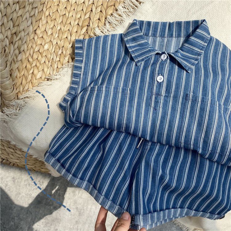 Korean children's fashionable brother sister set for boys and girls, Korean version summer lightweight sleeveless denim vertical stripe two-piece set, trendy