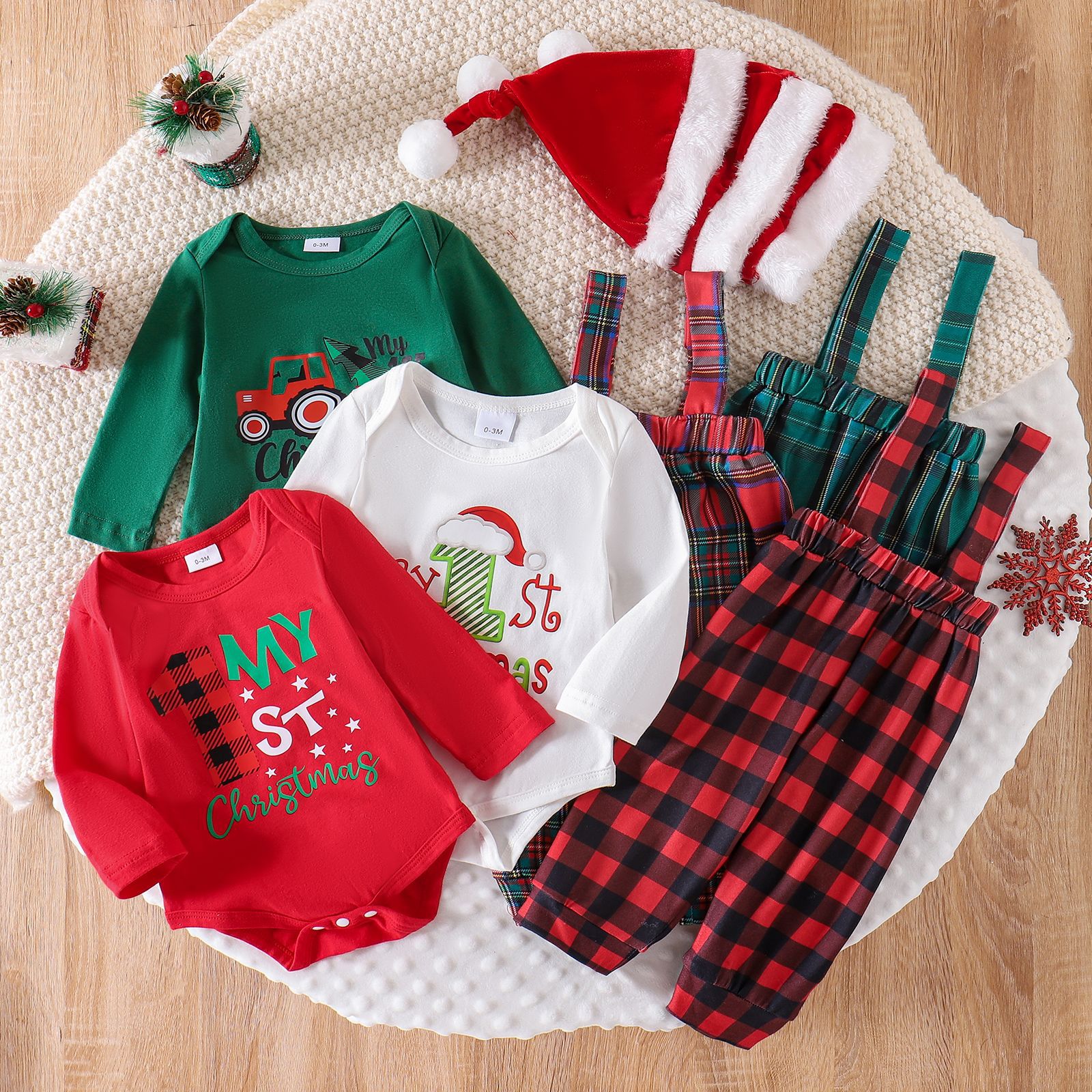 Foreign trade children's clothing cute baby boy Christmas letter printed long sleeved shirt with plaid shoulder strap pants set