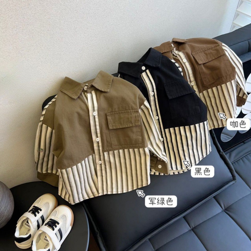 Children's Spring and Autumn New Shirt Boys' Korean Edition Loose Casual Western Style Striped Splicing Top Autumn Handsome Shirt