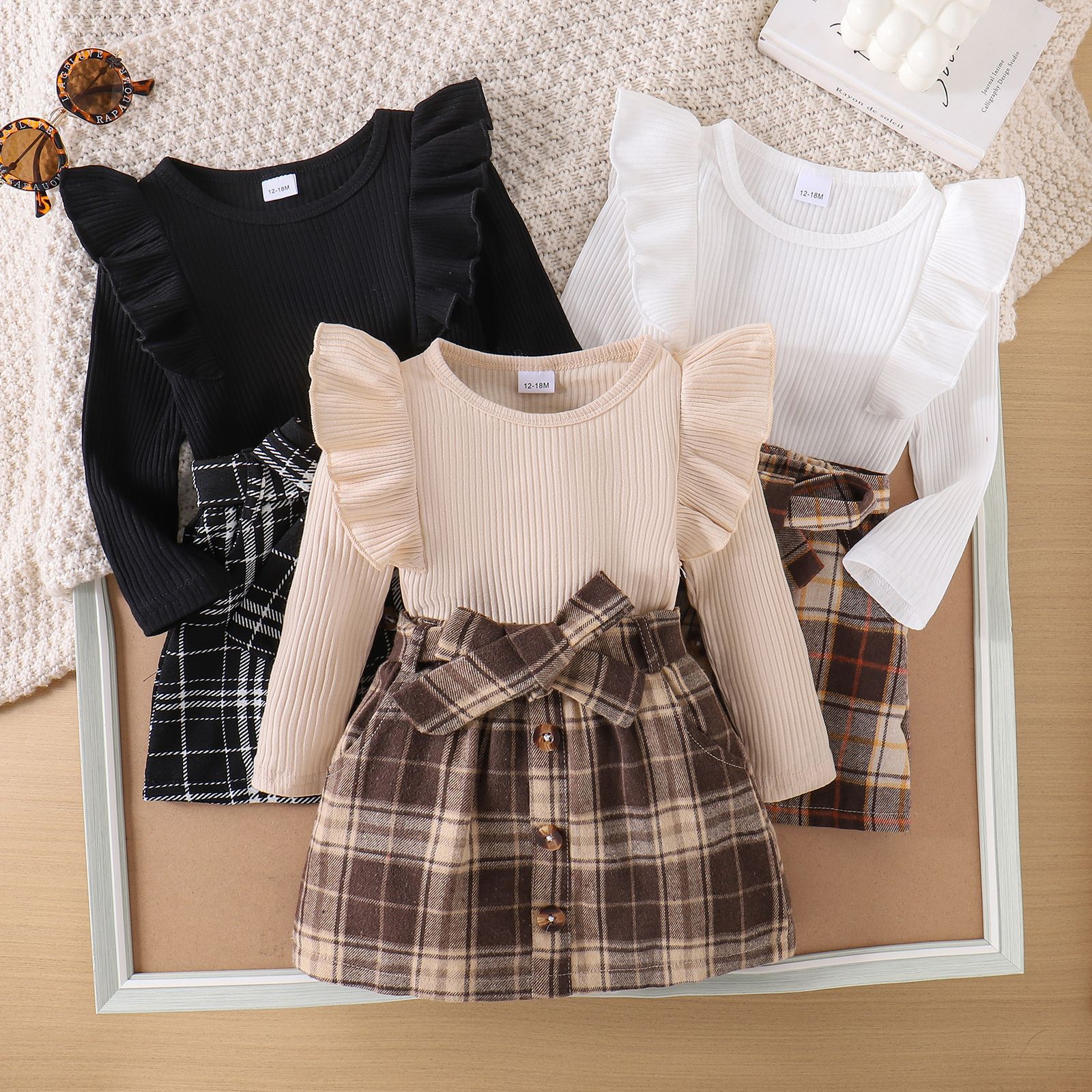 European and American cross-border casual girl baby long sleeved pullover top paired with checkered short skirt two-piece set