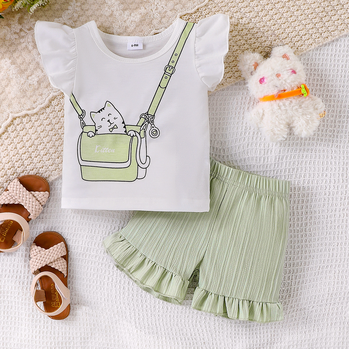 Cross border European and American summer set, girls' cute little cat pattern printed top paired with solid color shorts two-piece set