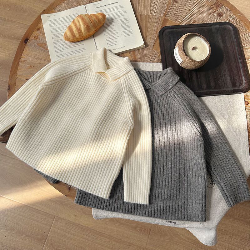 New autumn and winter styles of children's and girls' solid color collars and western-style knitted sweaters, warm and elastic base shirts, trendy