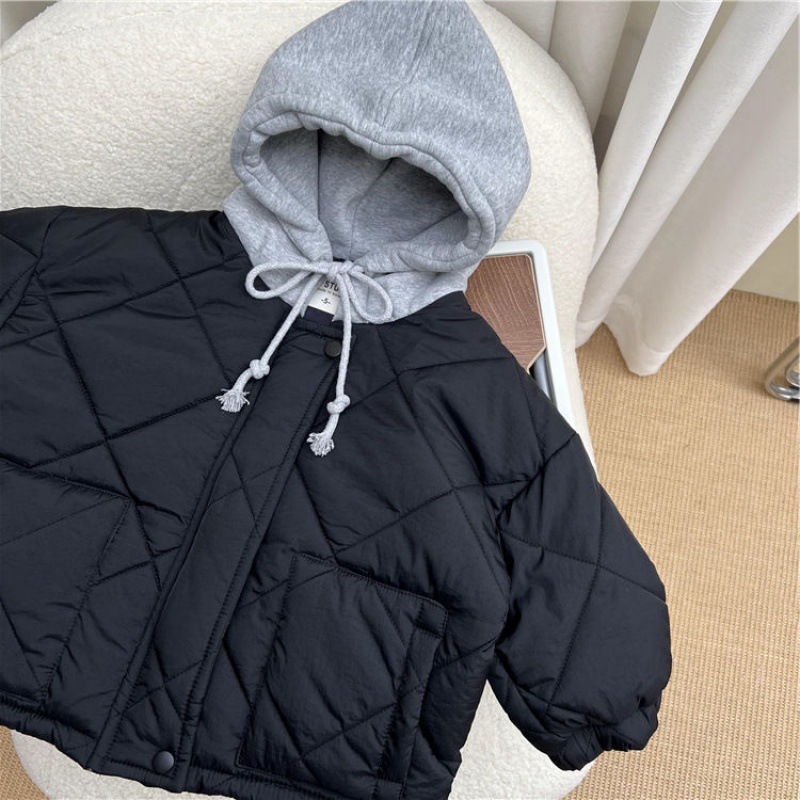 Korean children's clothing winter style children's vacation two-piece hooded cotton jacket for boys and girls, thick diamond grid medium long cotton jacket, trendy outerwear