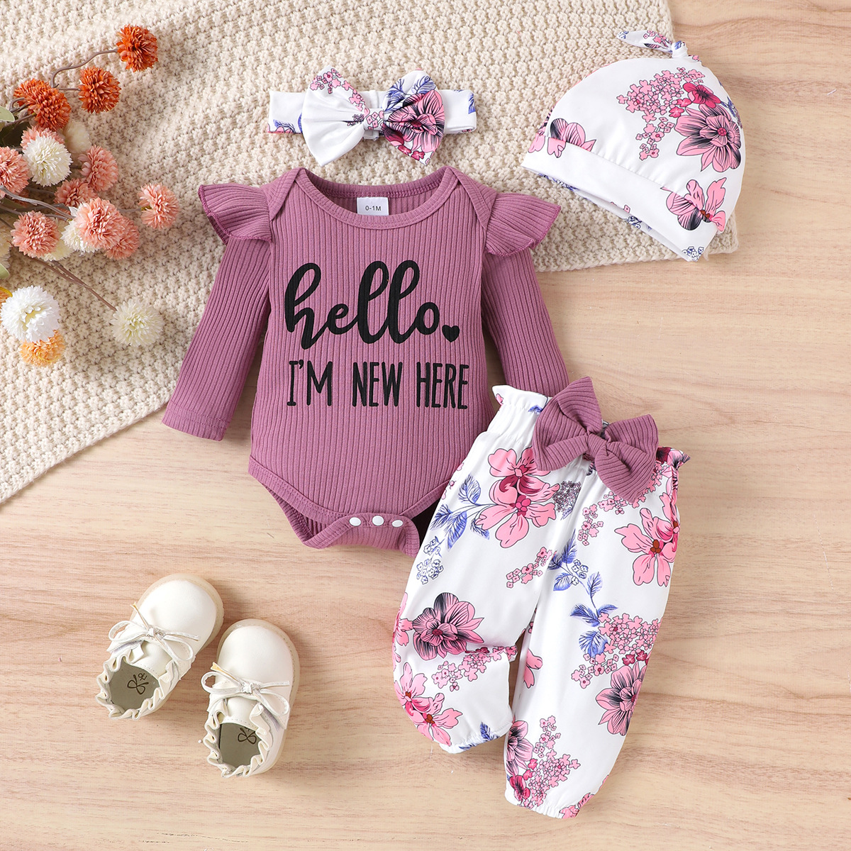 Girls' floral multi piece set, purple pit stripe ruffle edge jumpsuit, printed pants, hairband, hat, baby sweet