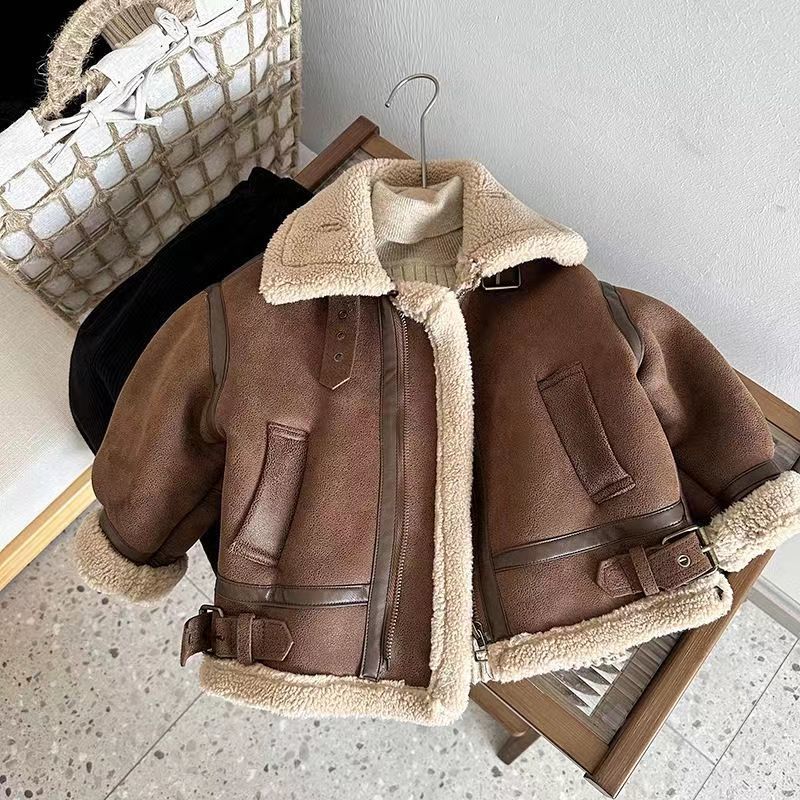 Children's Velvet Jacket 2024 Winter New Style for Boys and Girls Baby Fashion Edition Leather Velvet Fur Integrated Motorcycle Wear Trendy