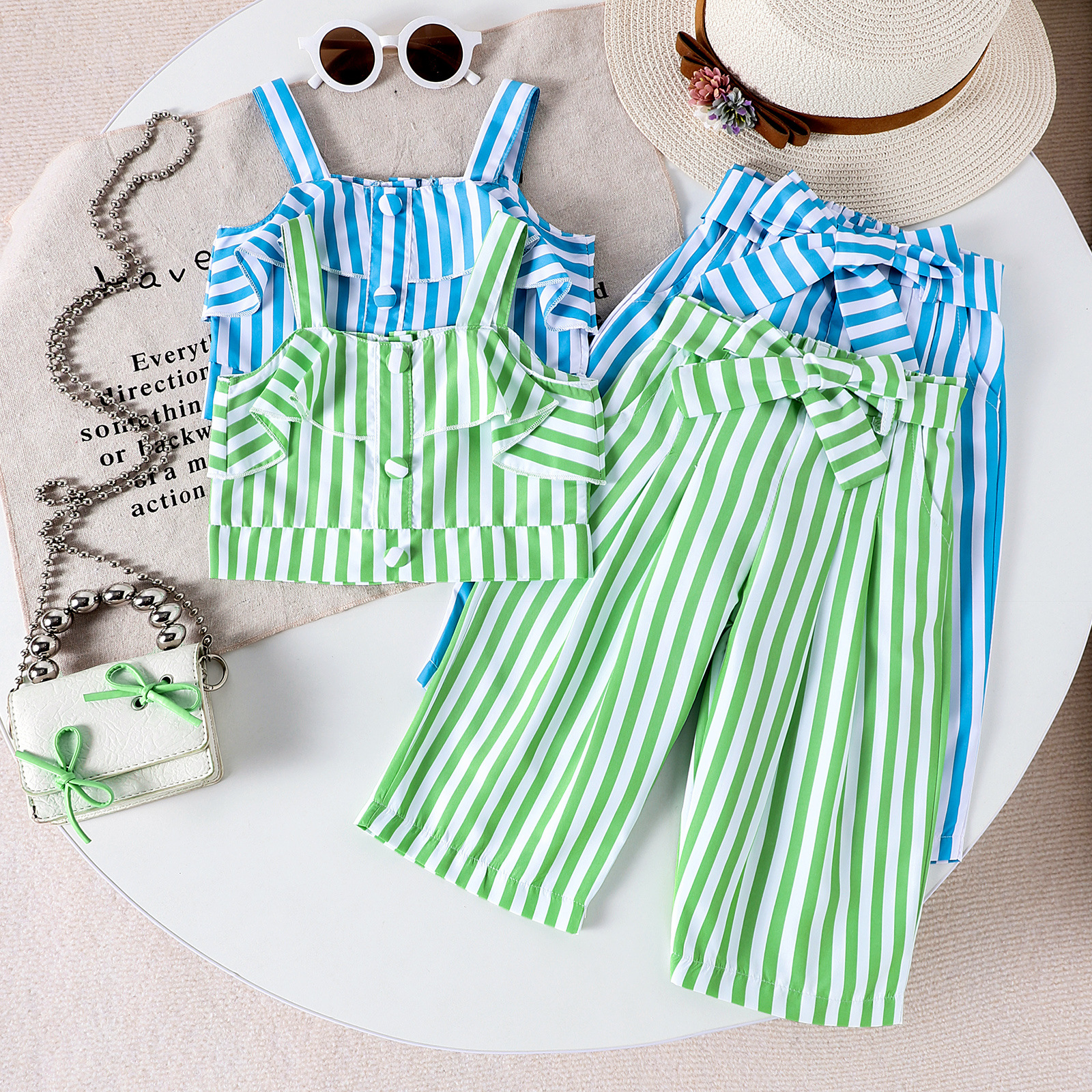 Foreign trade ins summer new girls' striped camisole top and pants two-piece set