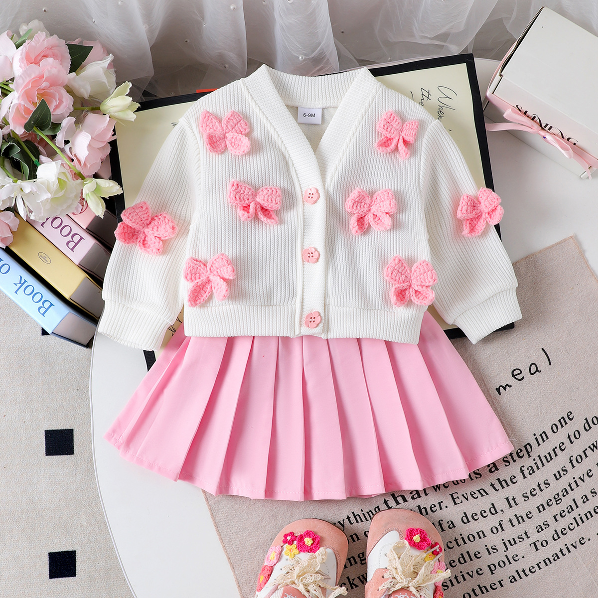 Baby girl children's three-dimensional bow knitted set white top pink pleated skirt baby spring and autumn sweet set