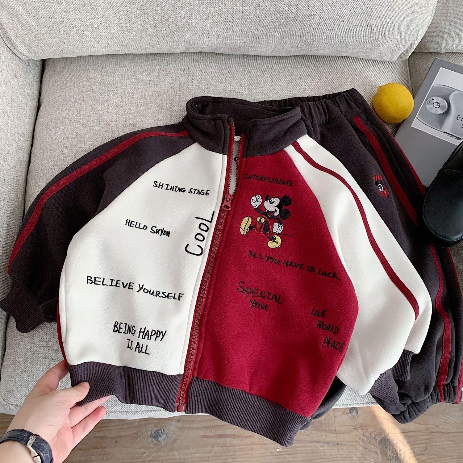 Han Fan Boys' and Girls' Color blocked Fashion Cartoon Stand up Collar Coat Children's Autumn and Winter Plush Sports Zipper Hoodie Set