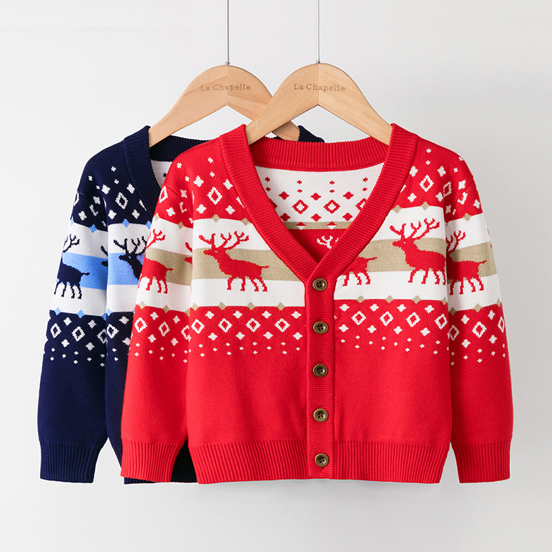 2023 Amazon Children's New Christmas Sweater, Girls' Deer Knitted Cardigan, Boys' Autumn and Winter Coat, Children's Clothing