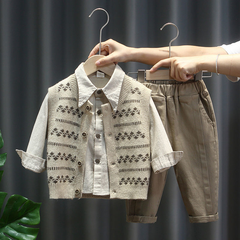 Baby autumn outfit set 2023 new style boys' stylish vest knitted three piece set children's spring and autumn cardigan sweater