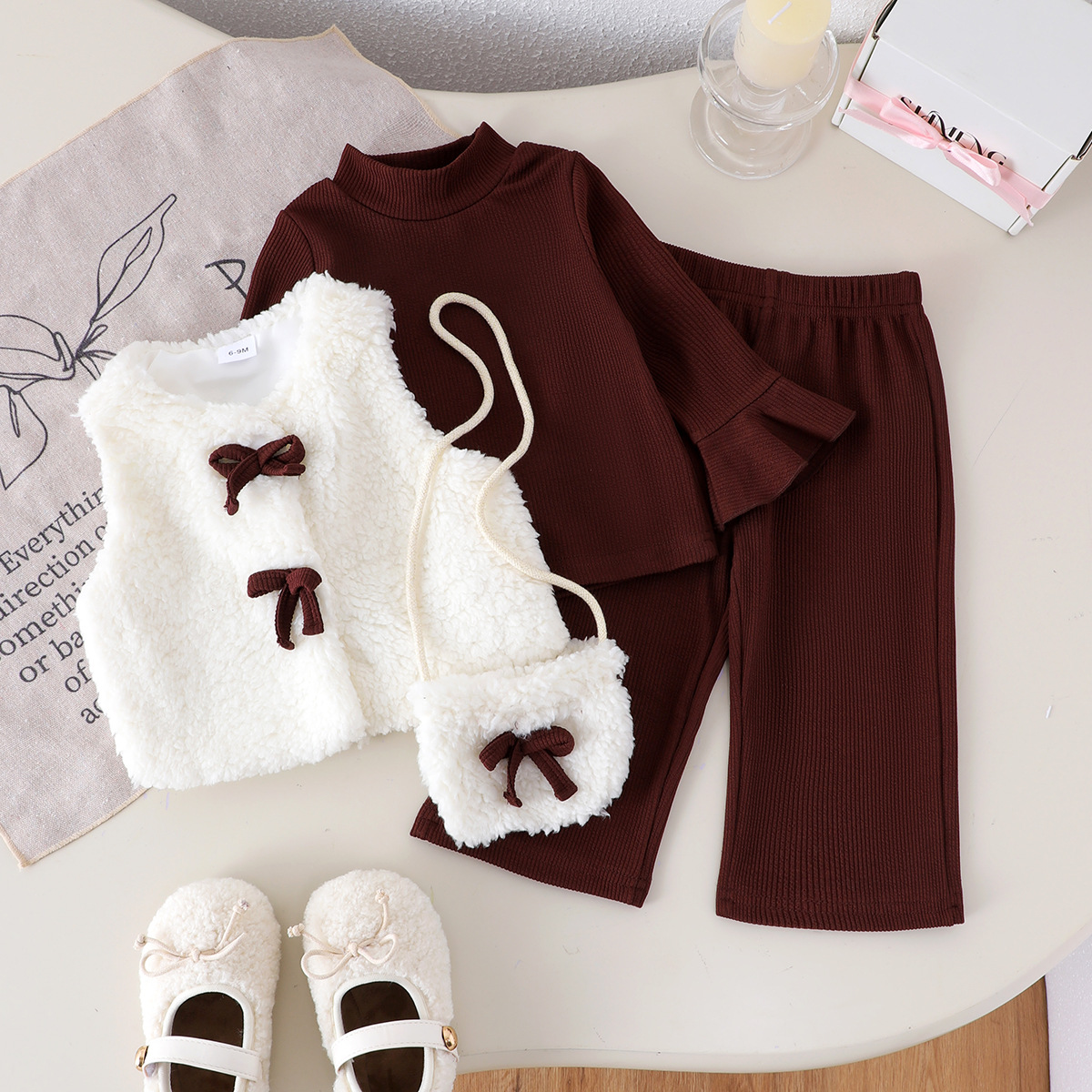 Cross border baby girl retro plush bow tie set with flared sleeves, top and pants, white plush vest set