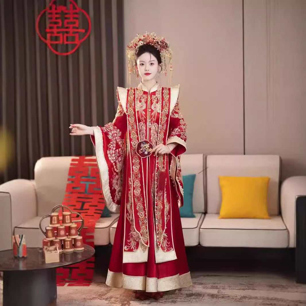 Feng Guan Xia Chang Chinese Bridal Dress, Ming Dynasty Satin Wedding Dress, Wedding Bridal Show off Dress, Ancient Costume, Large Size Hanfu Wedding Dress