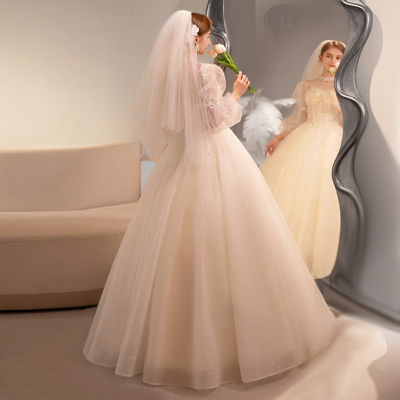 Korean Wedding Dress 2024 Bridal Sen Series One Shoulder Female French Zipper V-neck Heavy Industry Small and Light Starry Sky Wedding Dress