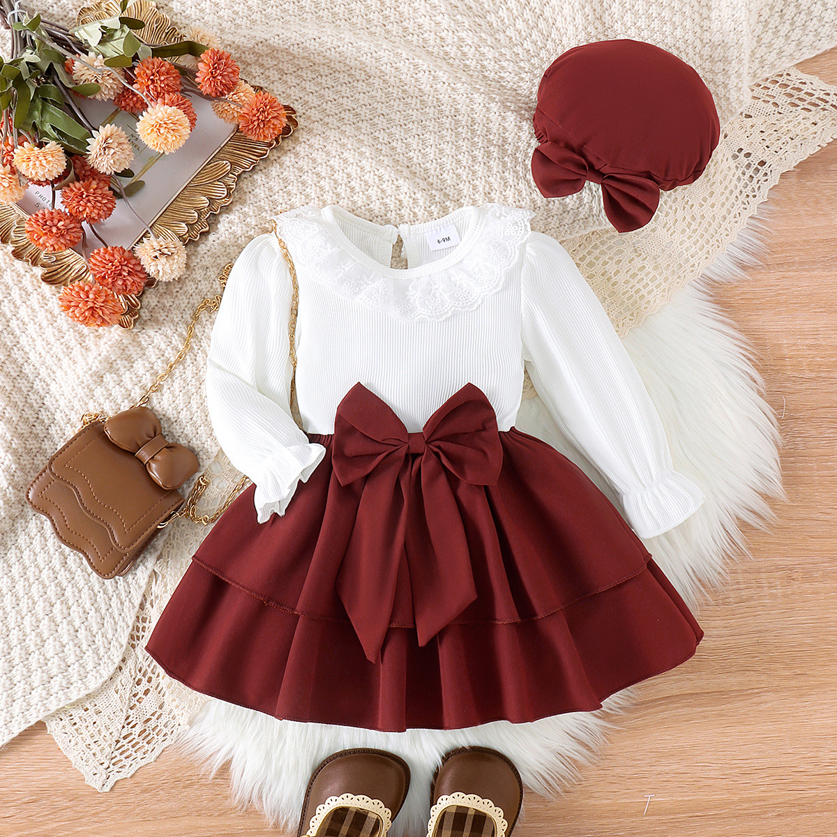 Foreign trade Europe and America 24 autumn new dress for girls and babies, solid color lace collar top, patchwork skirt