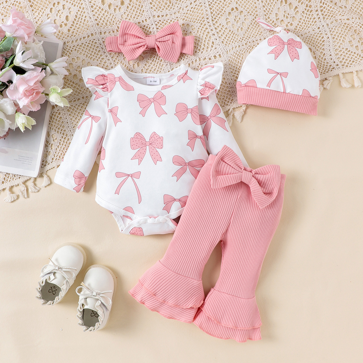 Baby girl pink bow multi piece set with ruffled edges jumpsuit, flared pants, headband and hat, cute four piece set