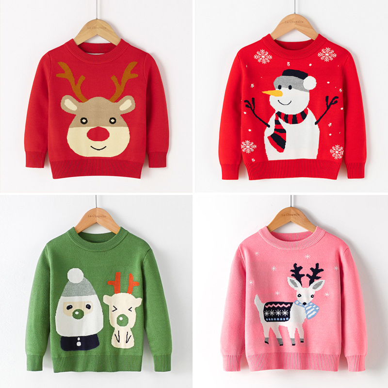 Amazon hot selling girls' long sleeved knitted sweater 2023 new double-layer autumn and winter Christmas sweater children's clothing