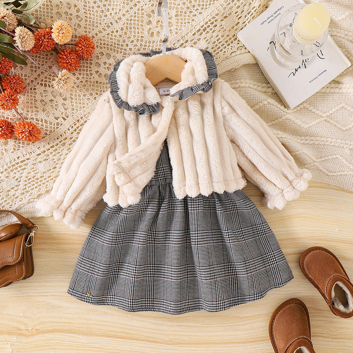 Mi white plush plaid collar cloak jacket, gray plaid sleeveless dress, autumn and winter temperament two-piece set for foreign trade children's clothing
