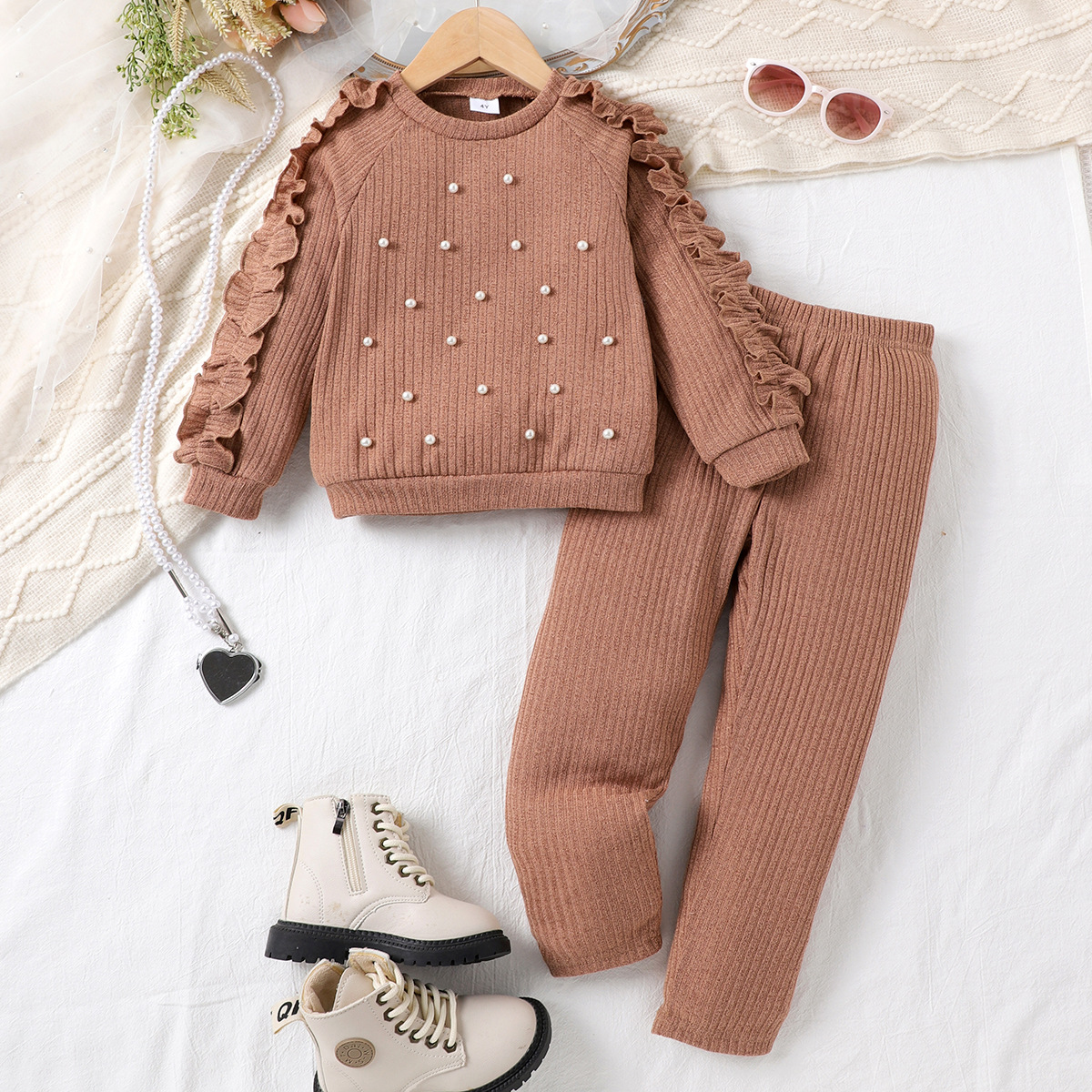 Baby girl knitted pearl decoration set with fungus edge long sleeved shirt, pit stripe long pants, foreign trade children's clothing batch