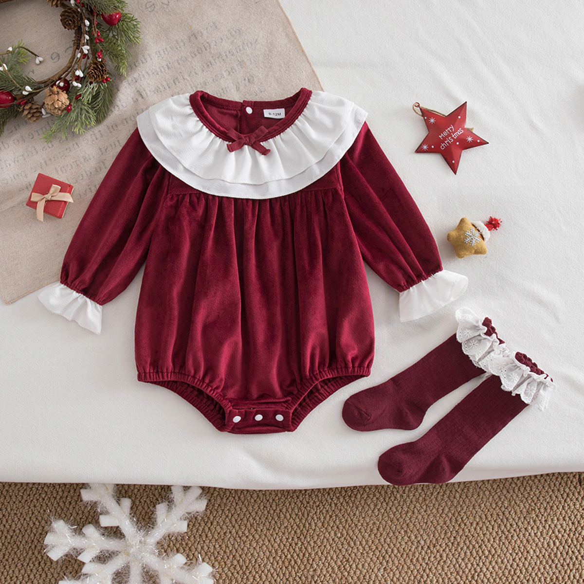 Baby girl Christmas velvet jumpsuit, wine red bow jumpsuit, lace lace stockings, sweet foreign trade