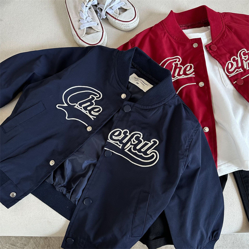 Reserved~Korean version of children's spring and autumn handsome long sleeved baseball jacket for boys and girls, casual embroidered workwear jacket for babies