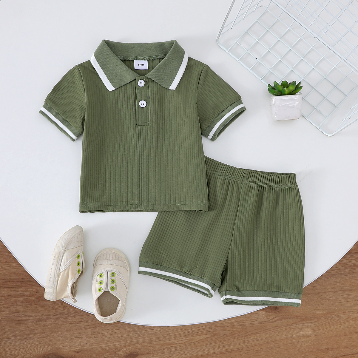 Foreign trade European and American summer casual suit for male baby with lapel collar and short sleeved top paired with shorts two-piece set