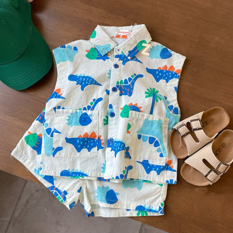 New children's clothing, summer style, Korean version, boys' and children's baby vacation style, beach style, cute cartoon cotton set