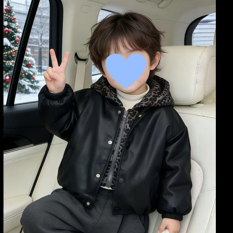 Children's velvet jacket with cotton lining, winter style, boys' vacation, two leopard print leather jackets, thick winter clothing, stylish Korean version