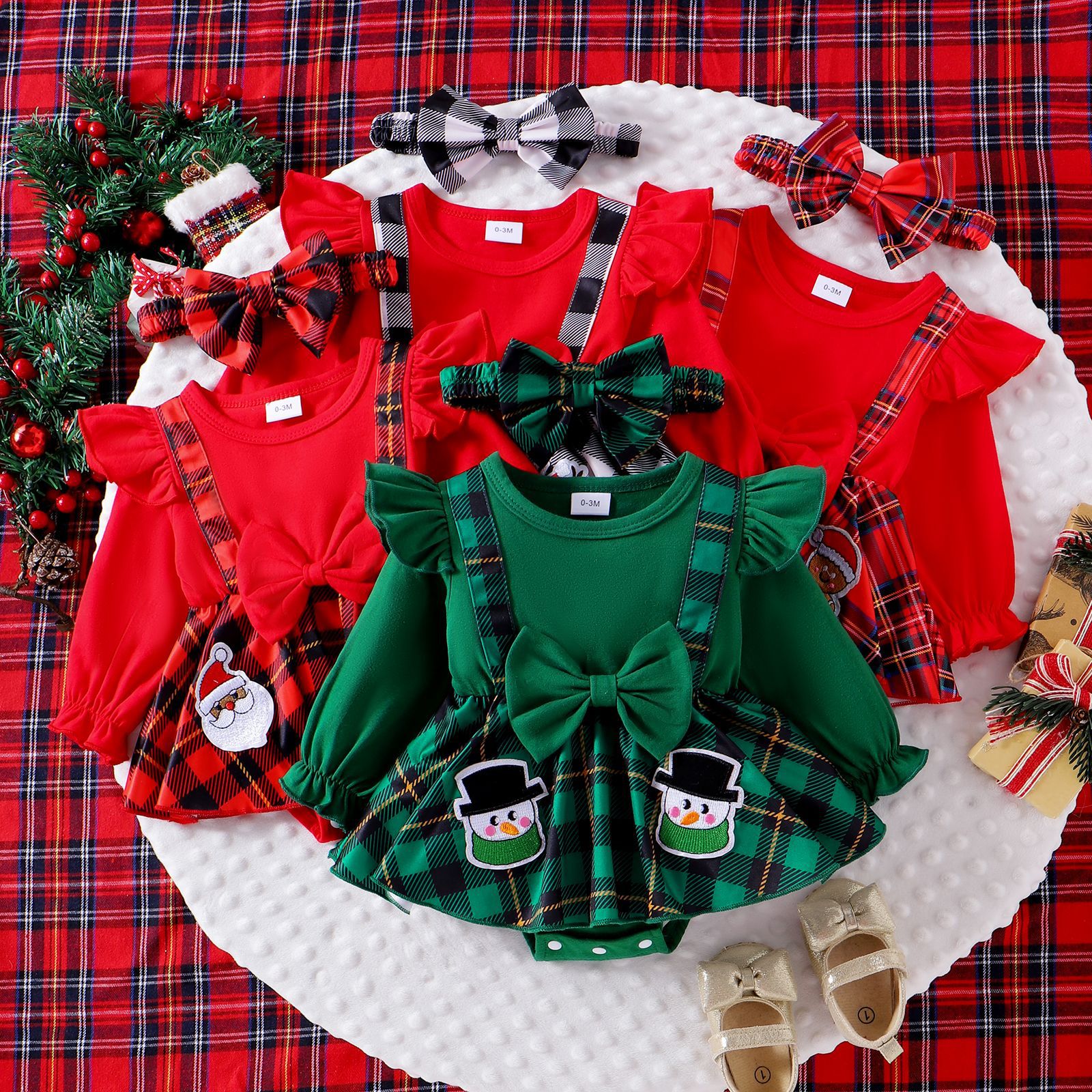 Foreign trade cross-border autumn baby girl baby cute Christmas elements long sleeved shirt plaid skirt bow headscarf