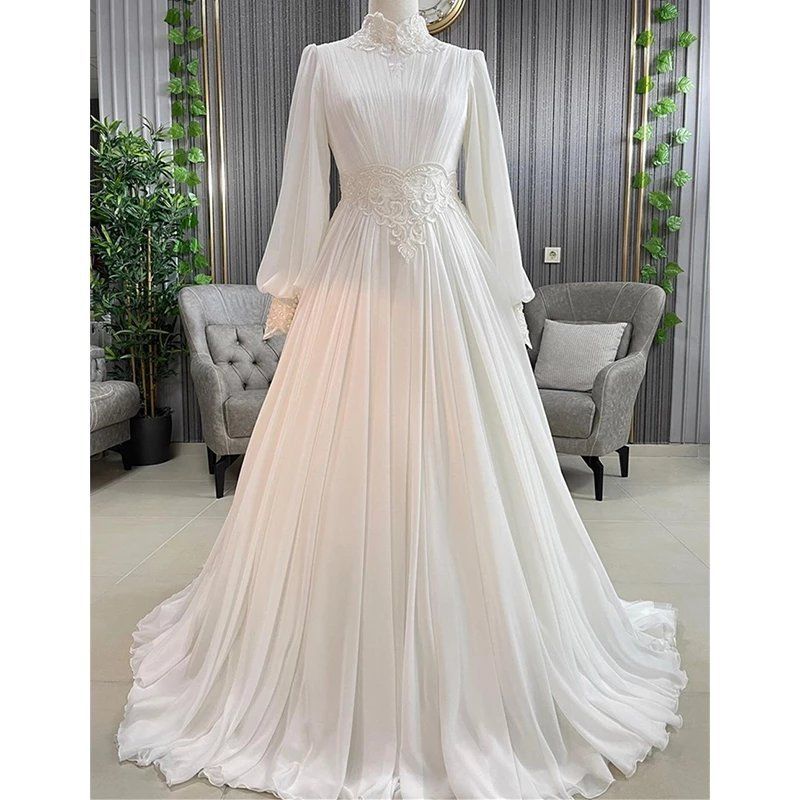 Muslim clothing, stand up collar, all inclusive long sleeved chiffon wedding dress, dignified and elegant, with a minimum order of one piece that is not transparent