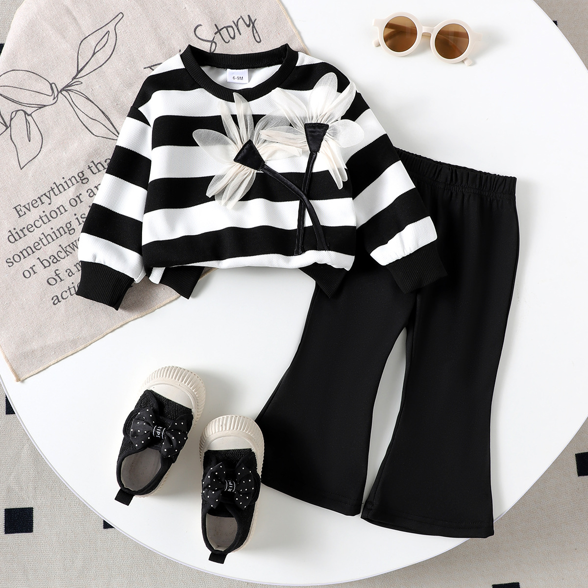 Amazon Ins Children's Set, Female Baby Casual Striped Long Sleeve Top with Solid Color Pants, Two Piece Set