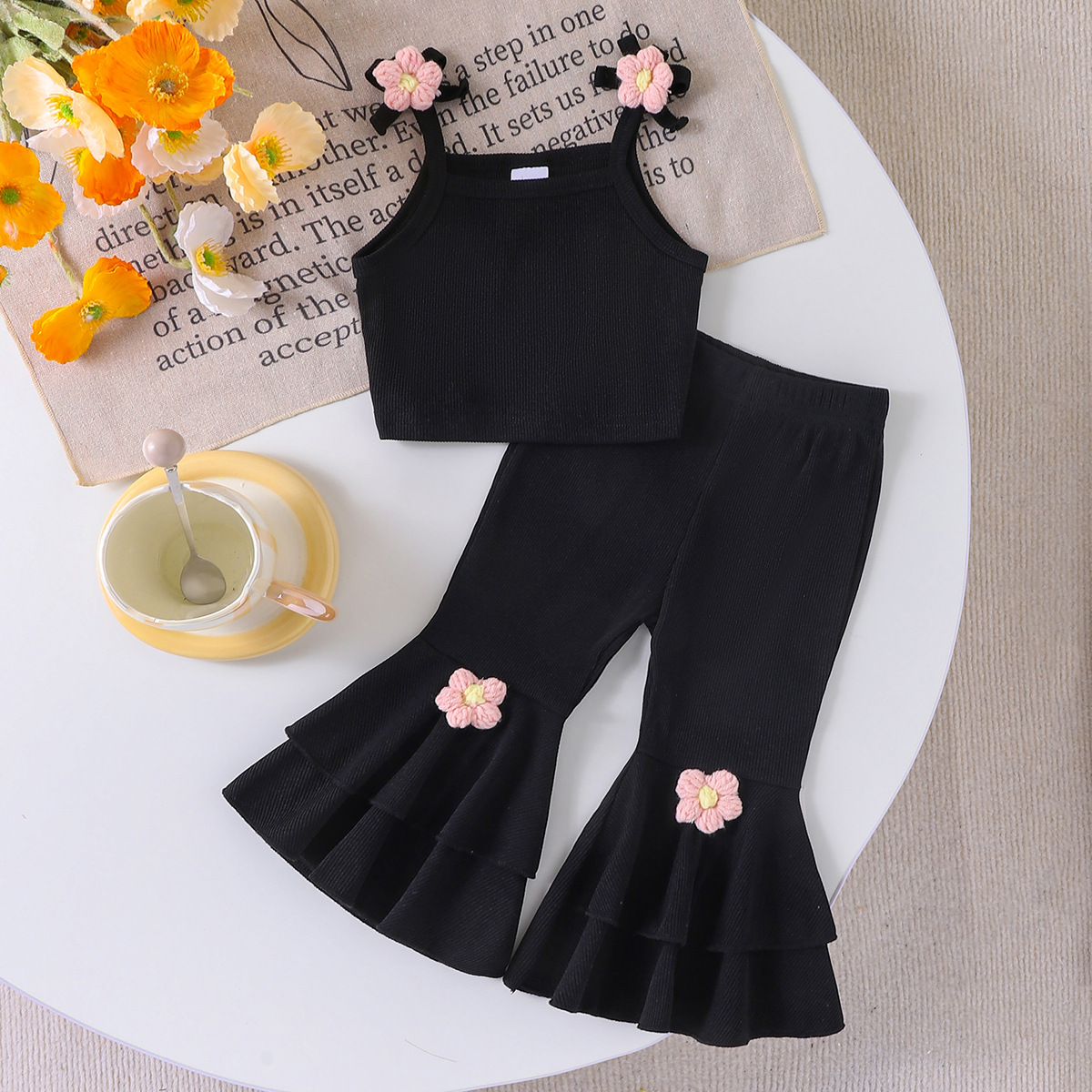 25 Cross border summer European and American girls' solid color camisole top with flared pants two-piece set