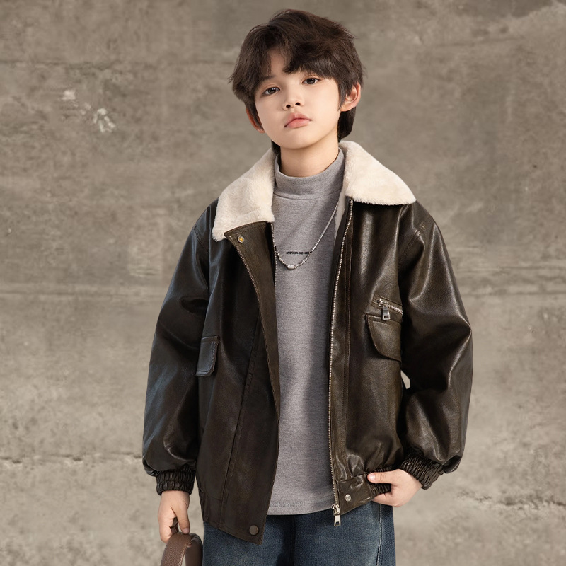 Boys' retro leather jacket 2025 new winter clothing motorcycle suit children's autumn and winter PU leather jacket cross-border wholesale trend