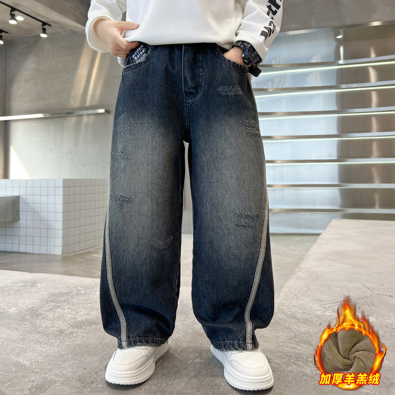 Children's clothing, children's new winter pants, 2025, medium and large children's thick warm jeans, boys' plush pants, winter fashion trend