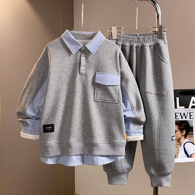 Boys' Spring and Autumn Collection 2025 New Children's Fake Two piece Hoodie Casual Clothes Mid to Large Children's Trendy Two piece Set