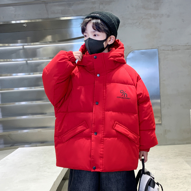 Boys' cotton jacket with added fleece, winter clothing 2025 new style, medium and large children's thick cotton coat, red New Year's cotton coat top