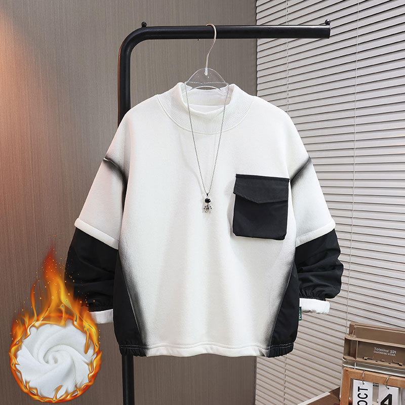 Boys' autumn and winter new style contrasting color and plush thick hoodie 2025 mid to large children's trendy brand children's design sense top