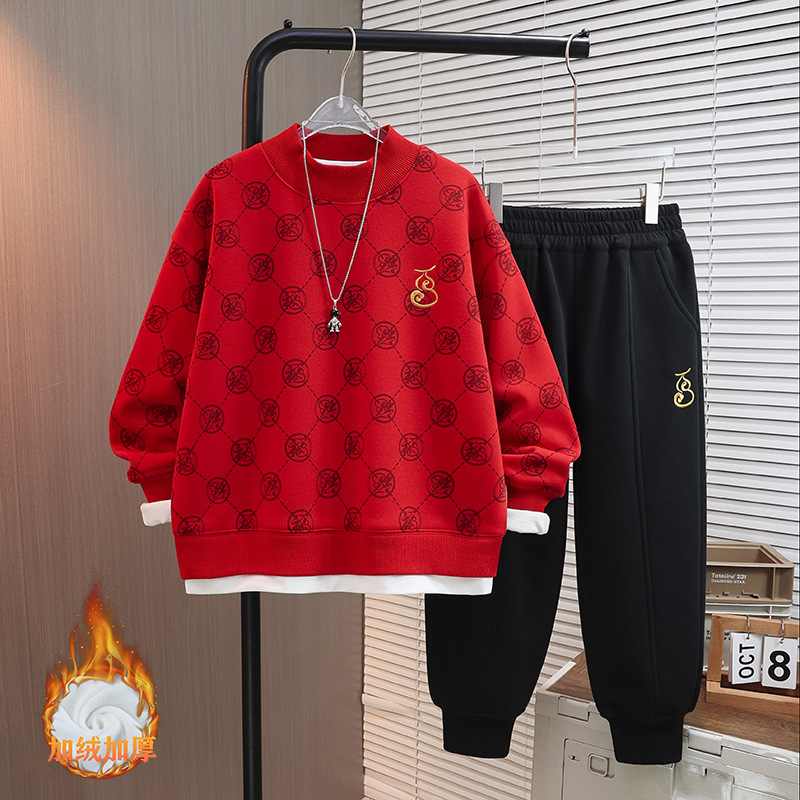 Red Velvet Hoodie Set for Boys in their Year of the Snake 2025, Year of the Snake, Happy New Year's Clothing, Autumn and Winter Season, Men's 12-year-old Trend