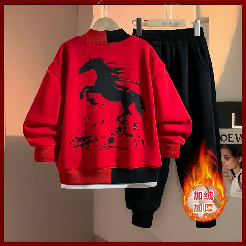 Customized Boys' Winter Set 2025 New Zhongda Children's Velvet Two Piece Set Boys' Red New Year's Outerwear