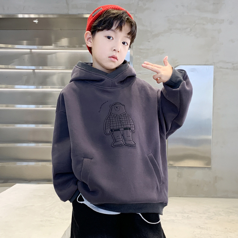 Boys' fleece hooded sweatshirt, one-piece fleece autumn and winter pullover, 2025 new model, Zhongda children's cartoon handsome top, trendy